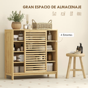 Armario de Baño de Bambú Mueble de Baño con 2 Puertas Correderas Diseño con Lamas 4 Estantes Mueble Auxiliar de Almacenaje para Cocina Salón 80x34x80 cm Natural