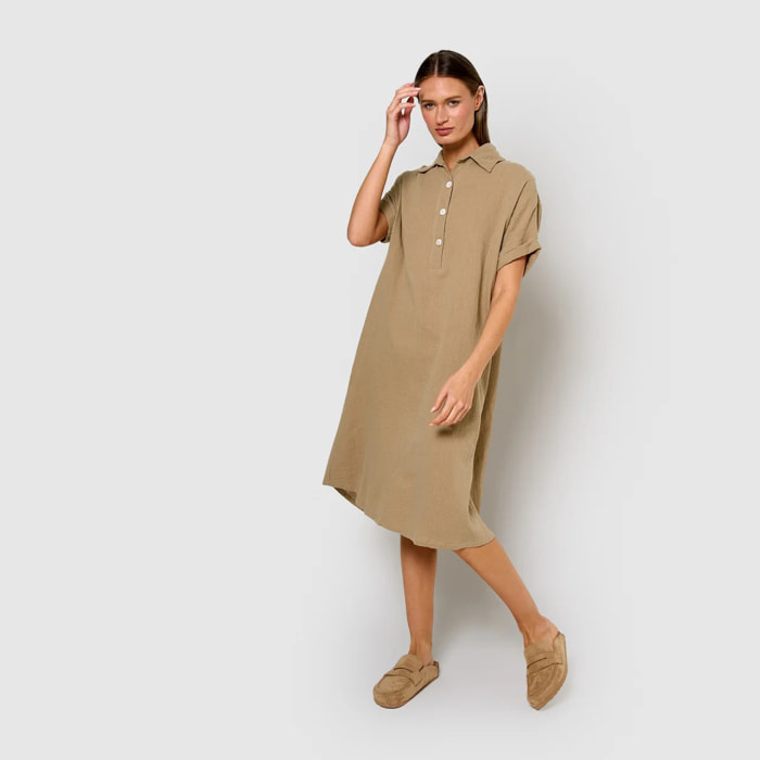 Vestido midi manga fluida muselina cuerda