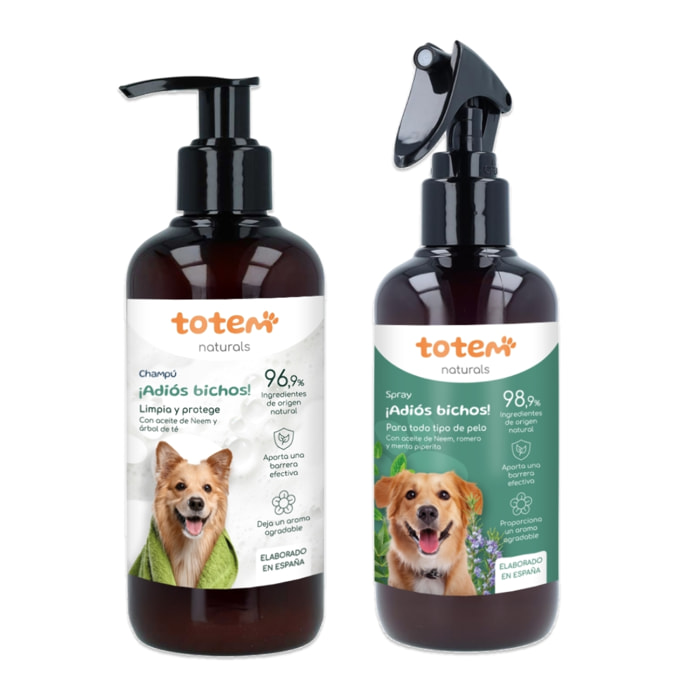 Totem Naturals | Pack Repelente Champú 250 ml + Spray 250 ml Natural para Perros