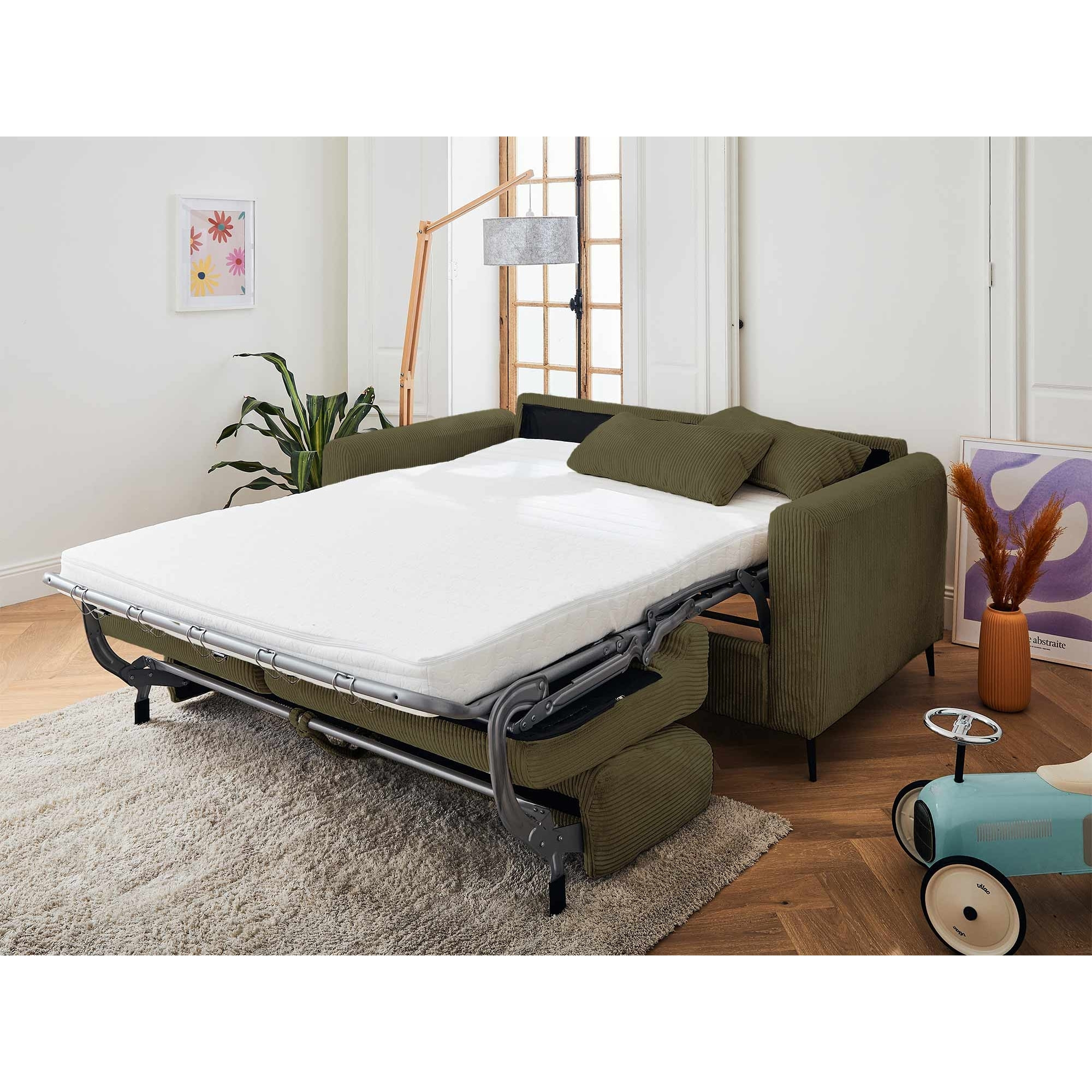 Owen - canapé 3 places convertible - couchage quotidien - matelas 12 cm - en velours côtelé - Vert