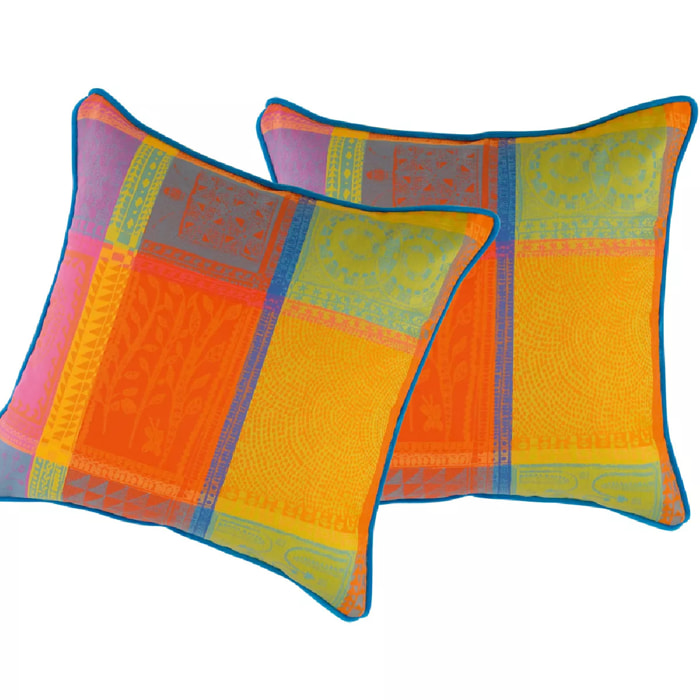 Housse de coussin pur coton motif jacquard multicolore orange Mille wax creole