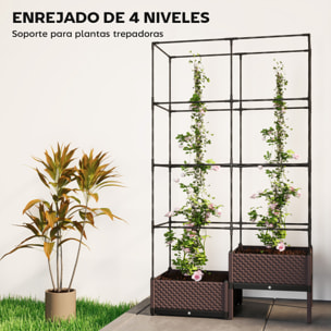 Jardinera con Enrejado Metálico, Jardinera Exterior Grande para Plantas Trepadoras, 2 Macetas de PP con Orificios de Drenaje, Tapones, Macetero Elevado para Jardín Patio, 100x50x174 cm, Negro