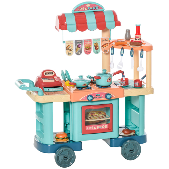 Cocina de Juguete para Niños de 3-6 Años Cocina Infantil con Ruedas Caja Registradora y Accesorios para Cocinar 79,5x33x90,5 cm Multicolor