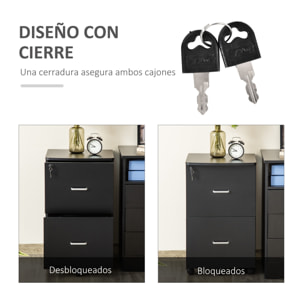 Cajonera de Oficina Mueble Auxiliar para Archivos con 2 Cajones Cerradura de 2 Llaves 5 Ruedas para Tamaño Carta A4 para Estudio Despacho Dormitorio 43x45x72 cm Negro