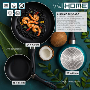 set de batería de cocina de 7pc en acero inoxidable + 3 sartenes ø16ø20ø24cm azul metalizado en aluminio prensado