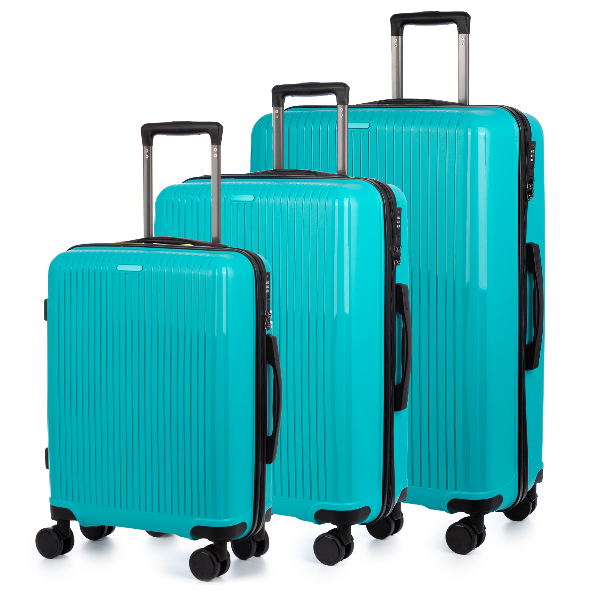 Set di 3 valigie Trolley, in materiale leggero PP resistente alla rottura. Chiusura TSA numerica, 4 ruote girevoli doppie a 360°.