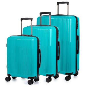 Set di 3 valigie Trolley, in materiale leggero PP resistente alla rottura. Chiusura TSA numerica, 4 ruote girevoli doppie a 360°.