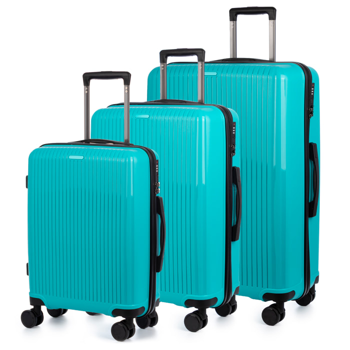 Set di 3 valigie Trolley, in materiale leggero PP resistente alla rottura. Chiusura TSA numerica, 4 ruote girevoli doppie a 360°.