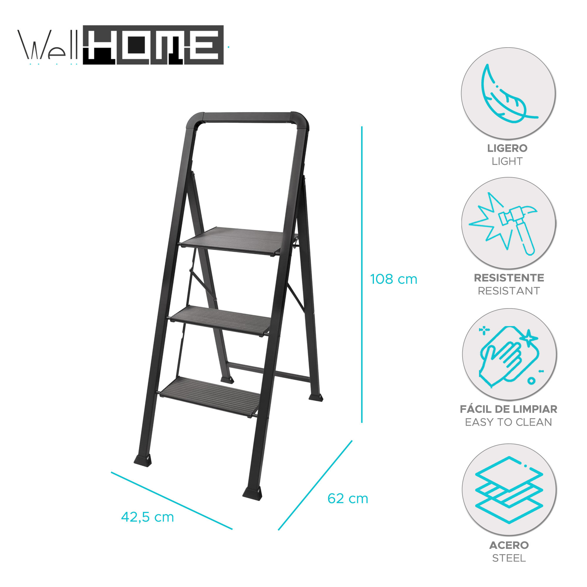 Escalera plegable con 3 escalones en Acero de color negro - Ligera y segura de 62x42,5x108cm