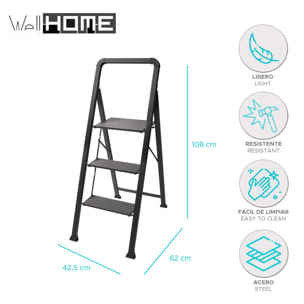 Escalera plegable con 3 escalones en Acero de color negro - Ligera y segura de 62x42,5x108cm