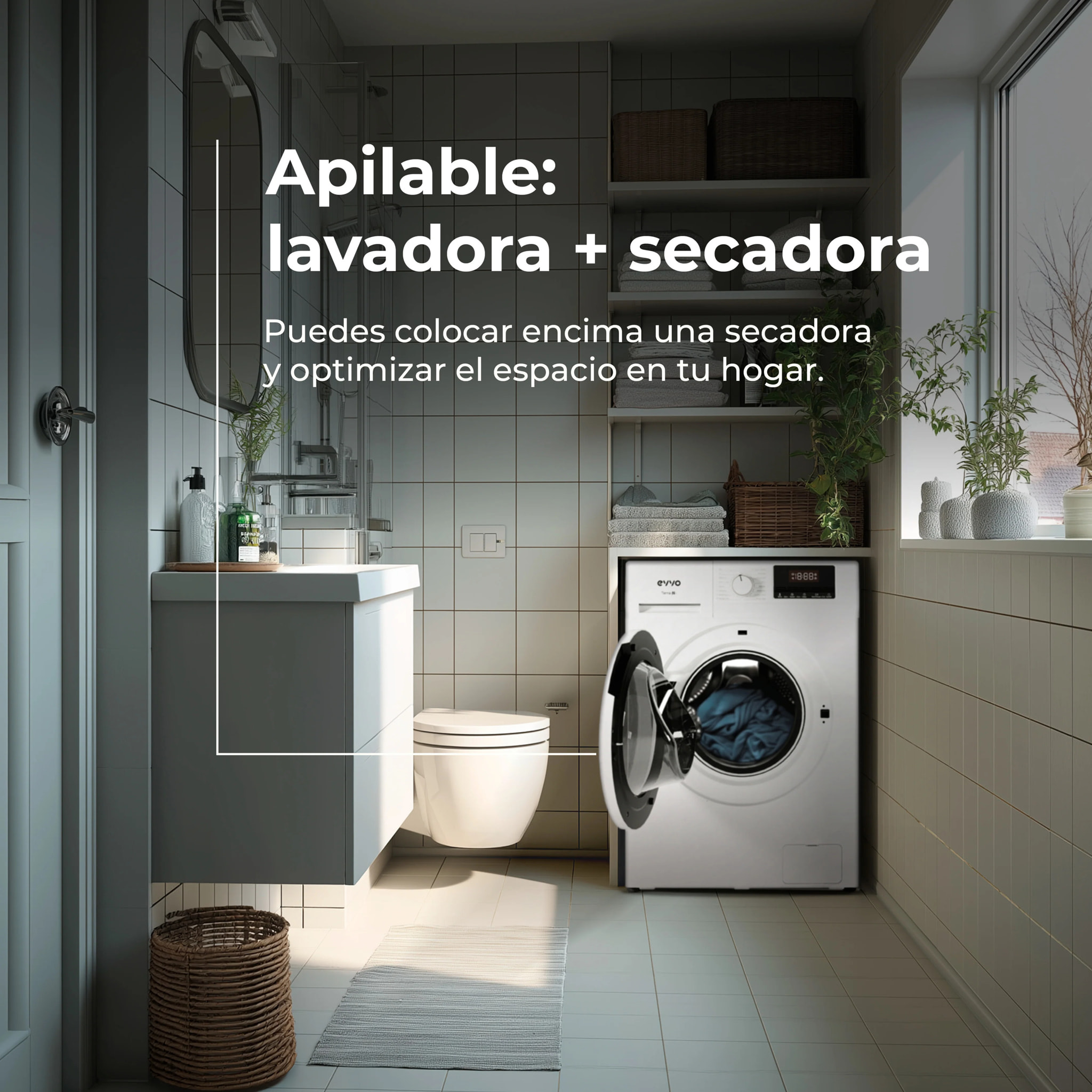 EVVO Lavadora 8 kg carga frontal Terra N8, 1400 rpm, Clase energética A, 16 programas, Lavado Rápido 15', Inicio diferido, Blanco