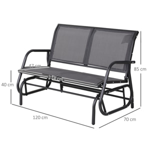 Banc à bascule de jardin 2 places design contemporain grand confort accoudoirs assise, dossier ergonomique acier textilène gris