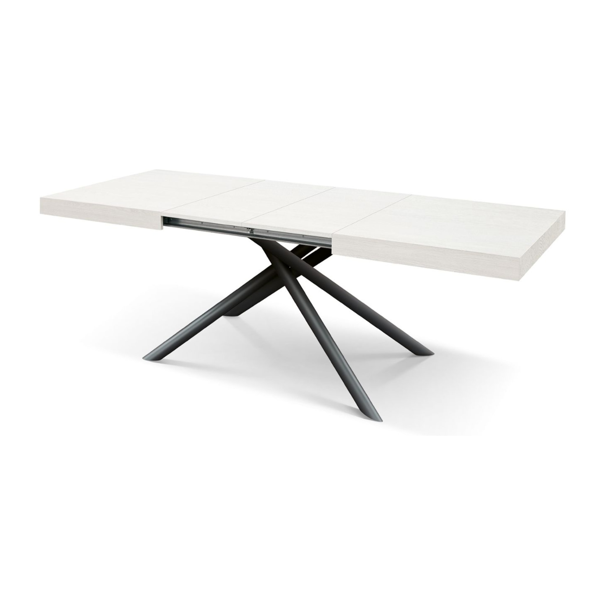 Tavolo CARRARA in legno, finitura bianco frassinato e base in metallo verniciato antracite, allungabile 180×90 cm – 260×90 cm