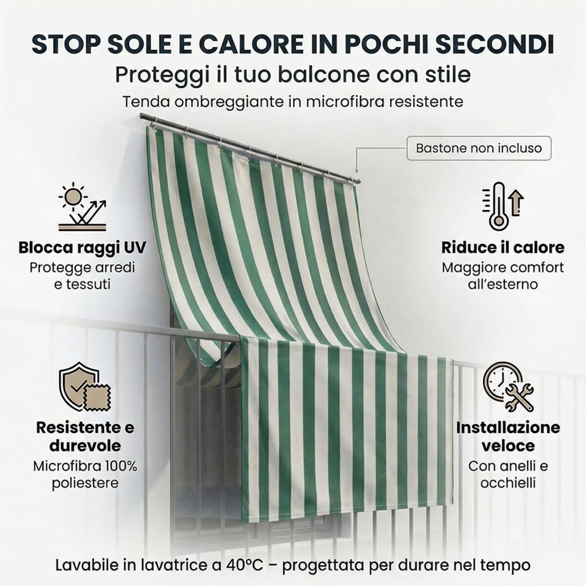 Tenda da sole a caduta impermeabile per balconi e verande con occhielli, telo parasole resistente a pioggia e raggi UV, riduce calore e luce, aumenta privacy, facile installazione, tessuto in poliestere durevole, ideale per esterno e protezione arredi