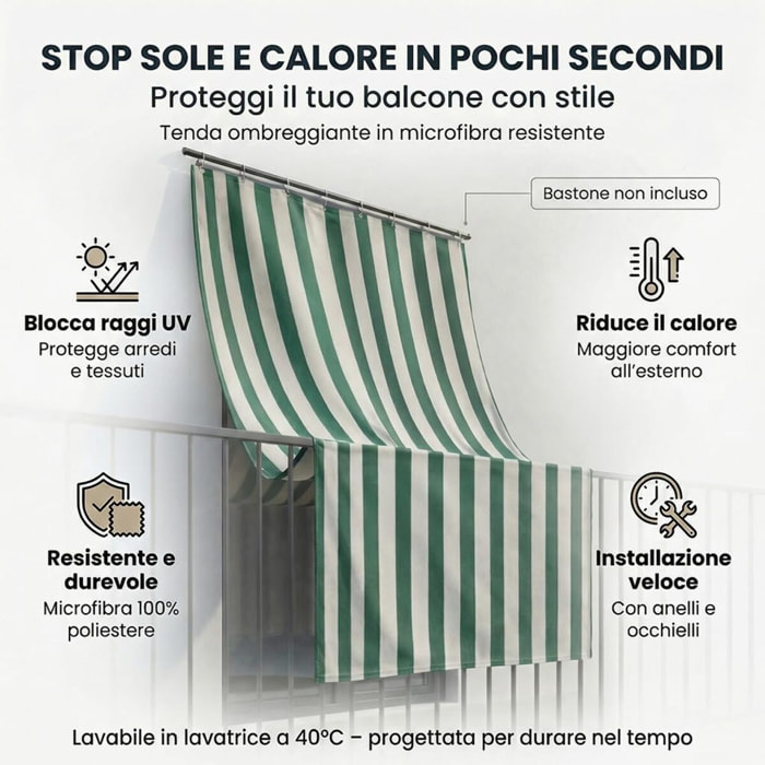 Tenda da sole a caduta impermeabile per balconi e verande con occhielli, telo parasole resistente a pioggia e raggi UV, riduce calore e luce, aumenta privacy, facile installazione, tessuto in poliestere durevole, ideale per esterno e protezione arredi