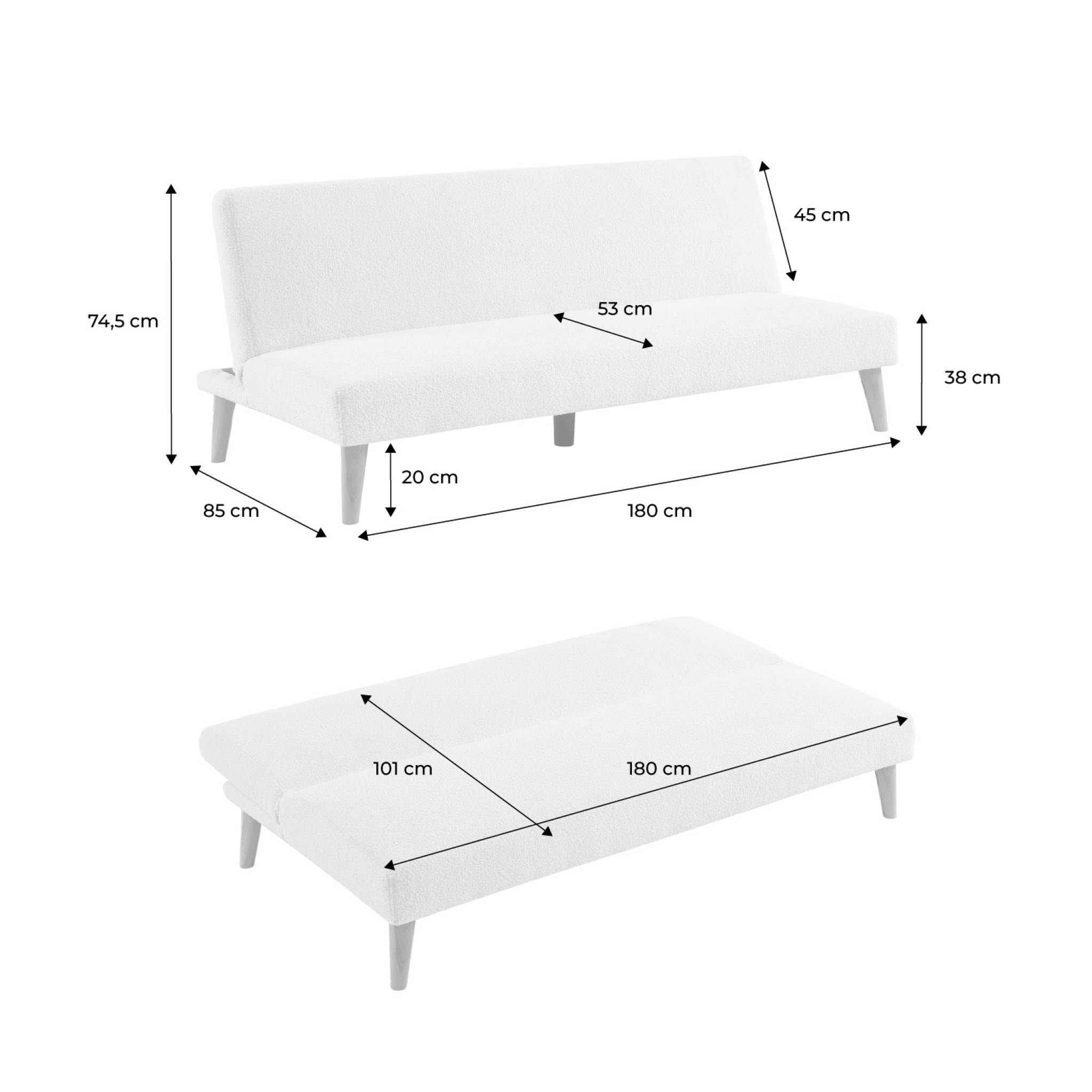 Canapé banquette convertible 3 places bouclette blanche piètement bois d'hévéa L 180 x P 100 x H 74.5 cm - Tom