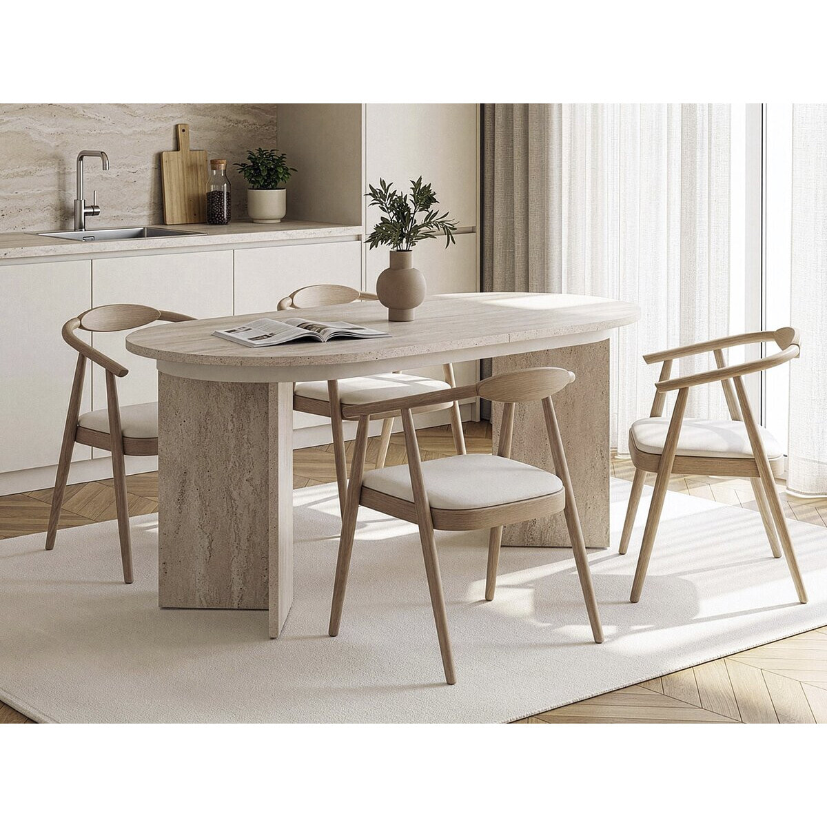 Table repas extensible en bois 160/200 cm "Sorell" - 8 places - Travertin