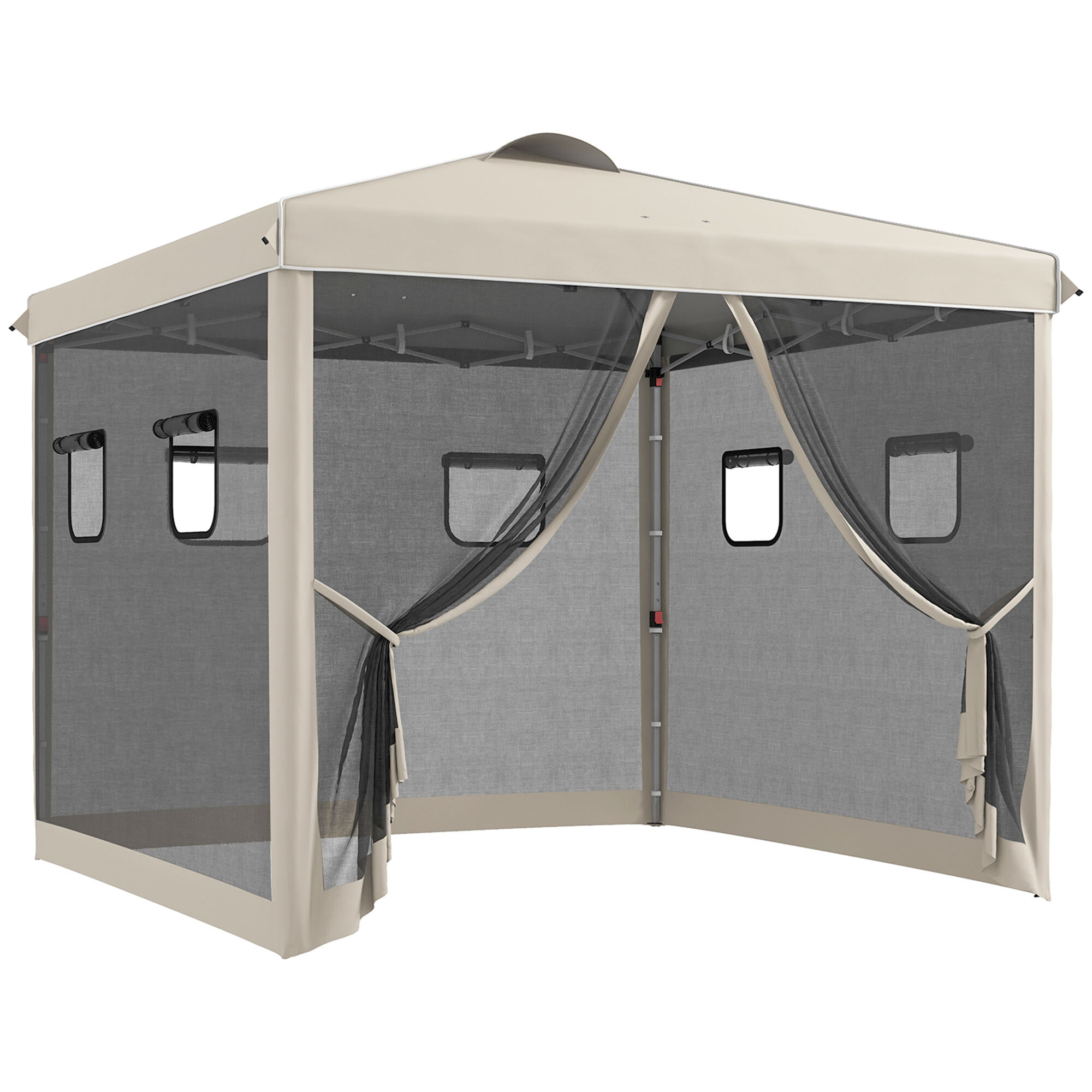 Carpa Plegable 3x3 m Cenador de Jardín con Pared Lateral de Malla 6 Ventanas Altura Ajustable en 3 Niveles Protección Rayos UV30+ e Impermeable para Camping Fiestas Beige