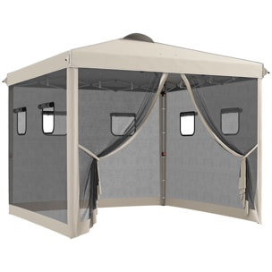Carpa Plegable 3x3 m Cenador de Jardín con Pared Lateral de Malla 6 Ventanas Altura Ajustable en 3 Niveles Protección Rayos UV30+ e Impermeable para Camping Fiestas Beige
