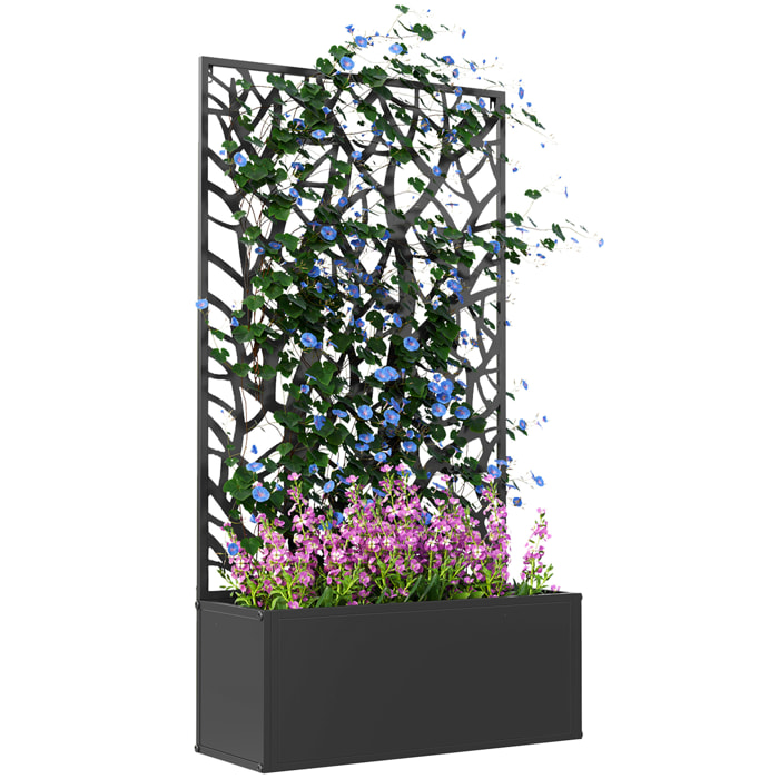 Jardinera Exterior Grande de Metal Jardinera con Pantalla de Privacidad de Hojas Decorativas Jardinera de Pared o Independiente para Patio Terraza 61x23x113 cm Negro