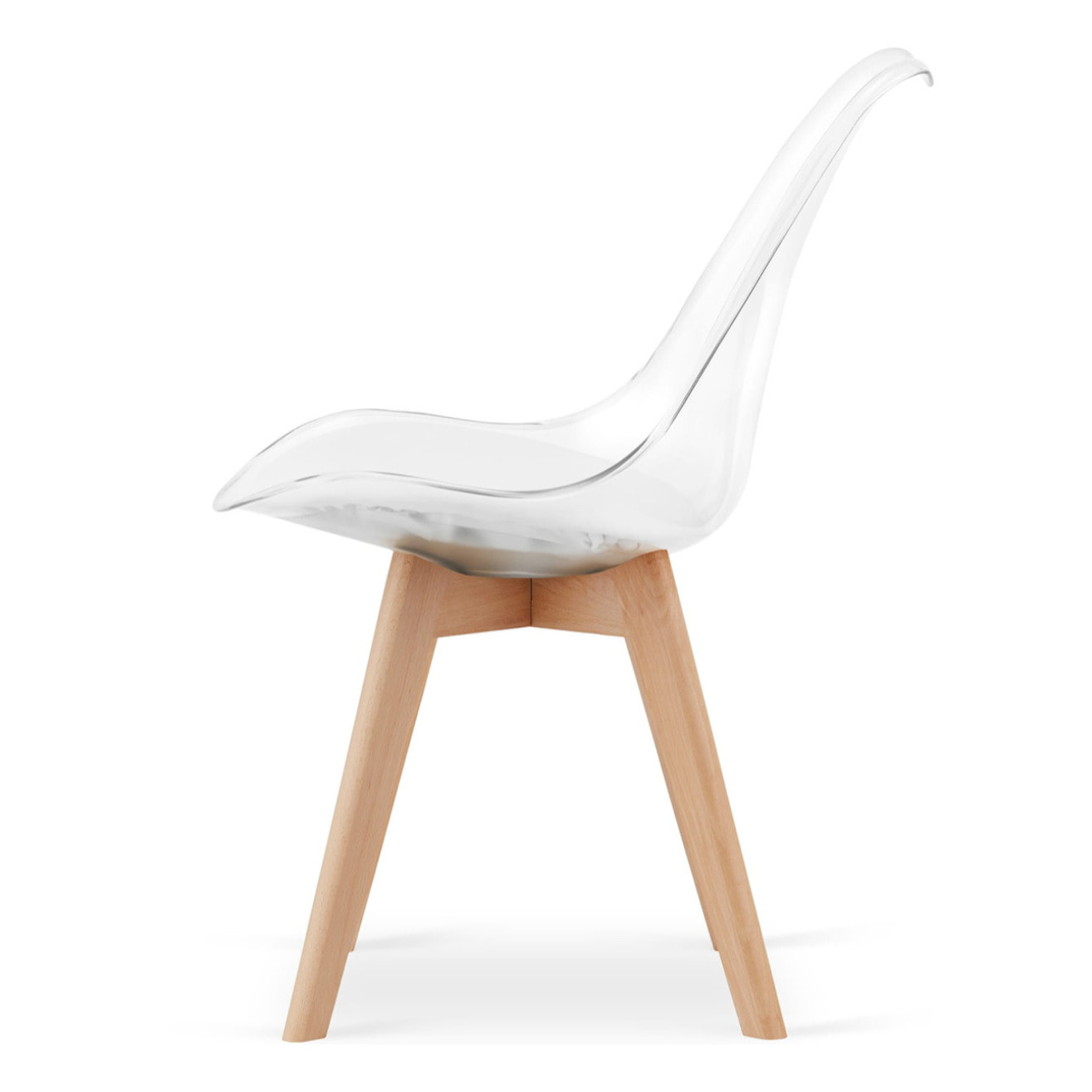 Sedia Mark trasparente con cuscino bianco e gambe in faggio