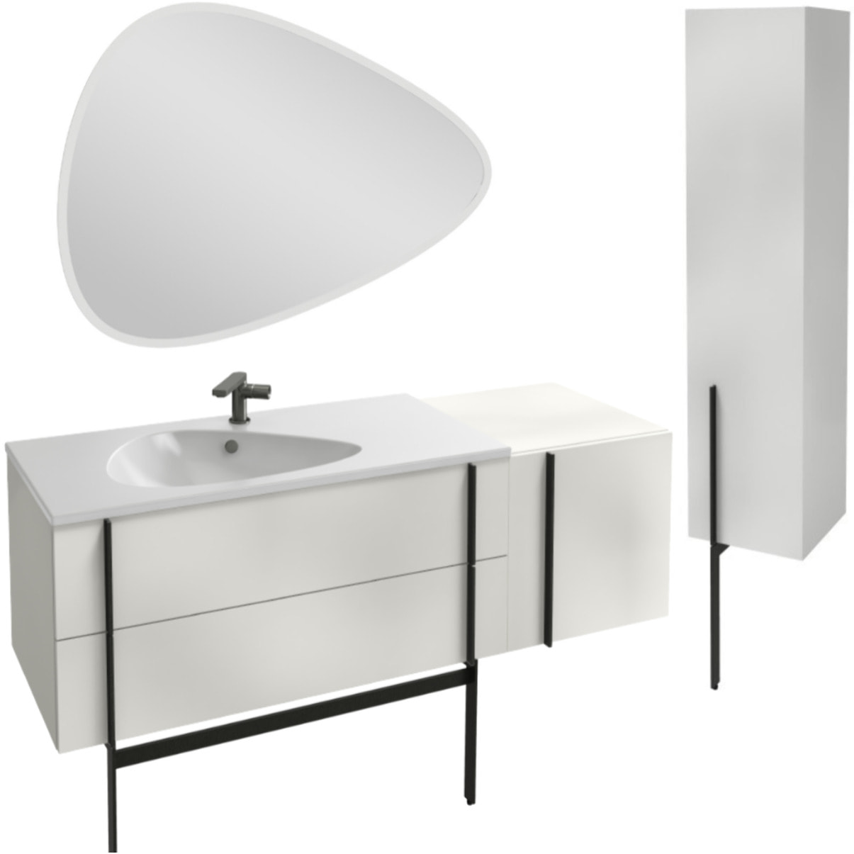 Meuble de salle de bain 145 cm Nouvelle Vague blanc brillant + tiroir rack + colonne version droite + miroir + pied