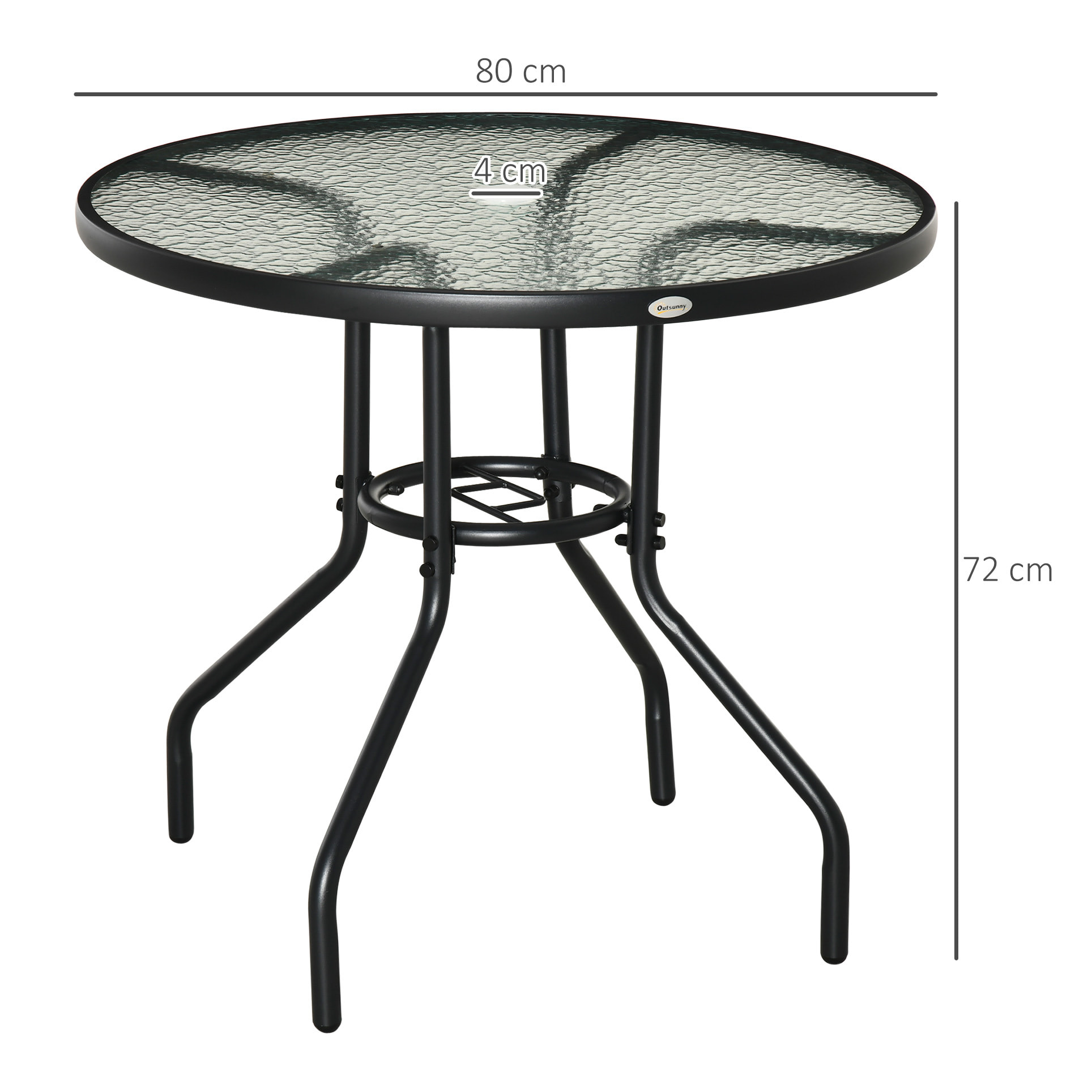 Outsunny Mesa de Jardín Redonda Mesa de Exterior Ø80x72 cm con Agujero para Sombrilla y Encimera de Vidrio Templado para Patio Terraza Negro