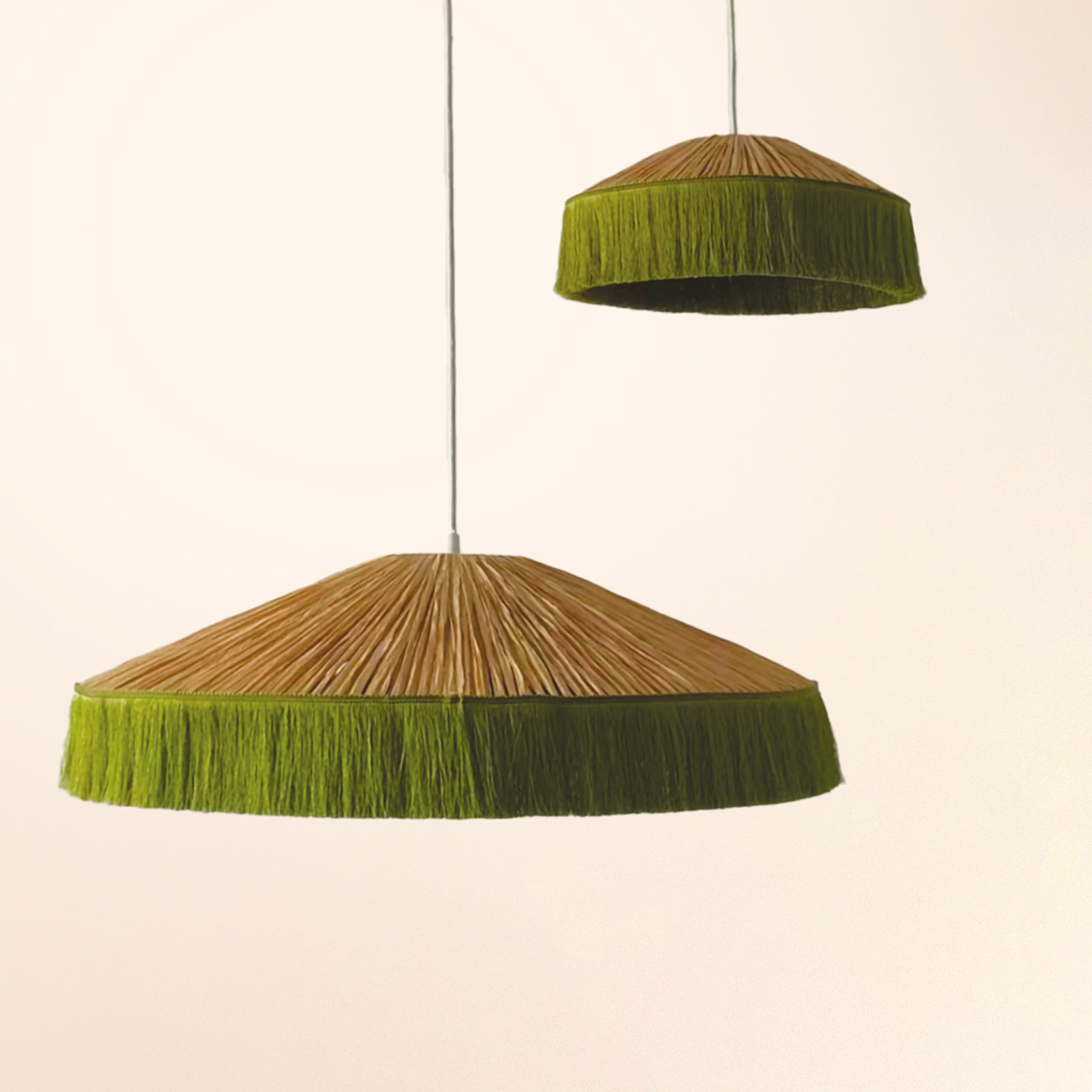 Abat-jour suspension en papier façon raphia et franges - Kaki