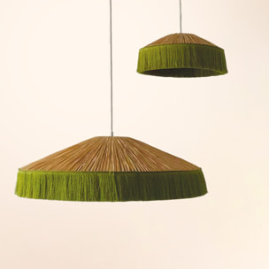Abat-jour suspension en papier façon raphia et franges - Kaki