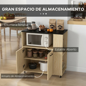 Carrito Auxiliar con Ruedas, Carrito de Cocina con 2 Puertas, Estante Ajustable, Especieros, para Comedor, 75x40x80,5 cm, Natural