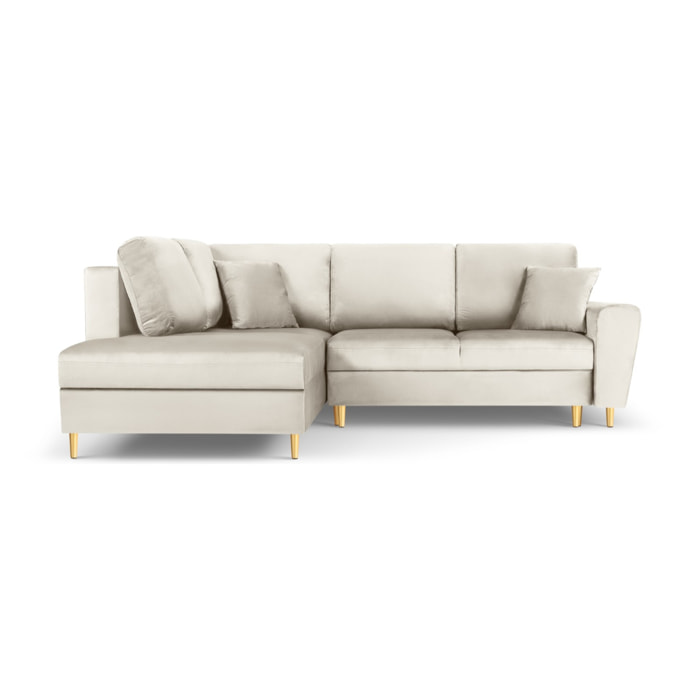 Canapé d'angle gauche convertible avec coffre de rangement "Kyoto" 5 places en velours beige clair