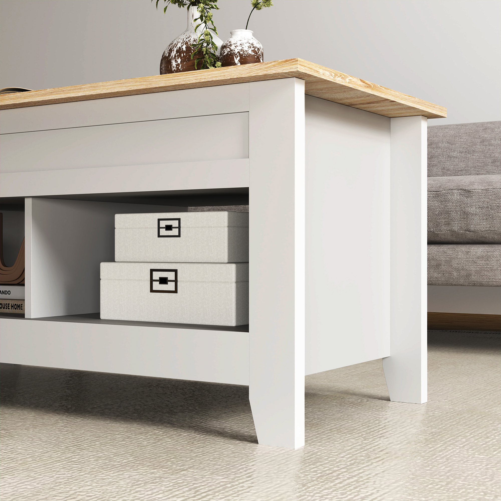 Table basse rectangulaire plateau relevable 2 niches et coffre panneaux particules blanc aspect bois clair