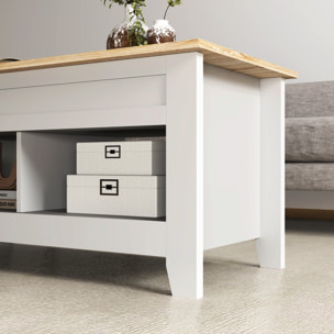 Table basse rectangulaire plateau relevable 2 niches et coffre panneaux particules blanc aspect bois clair