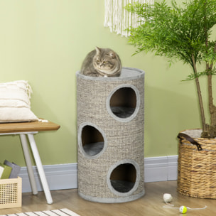 Arbre à chat cylindrique - tour à griffer pour chat - tonneau griffoir - 3 niveaux + plateforme - sisal peluche gris clair
