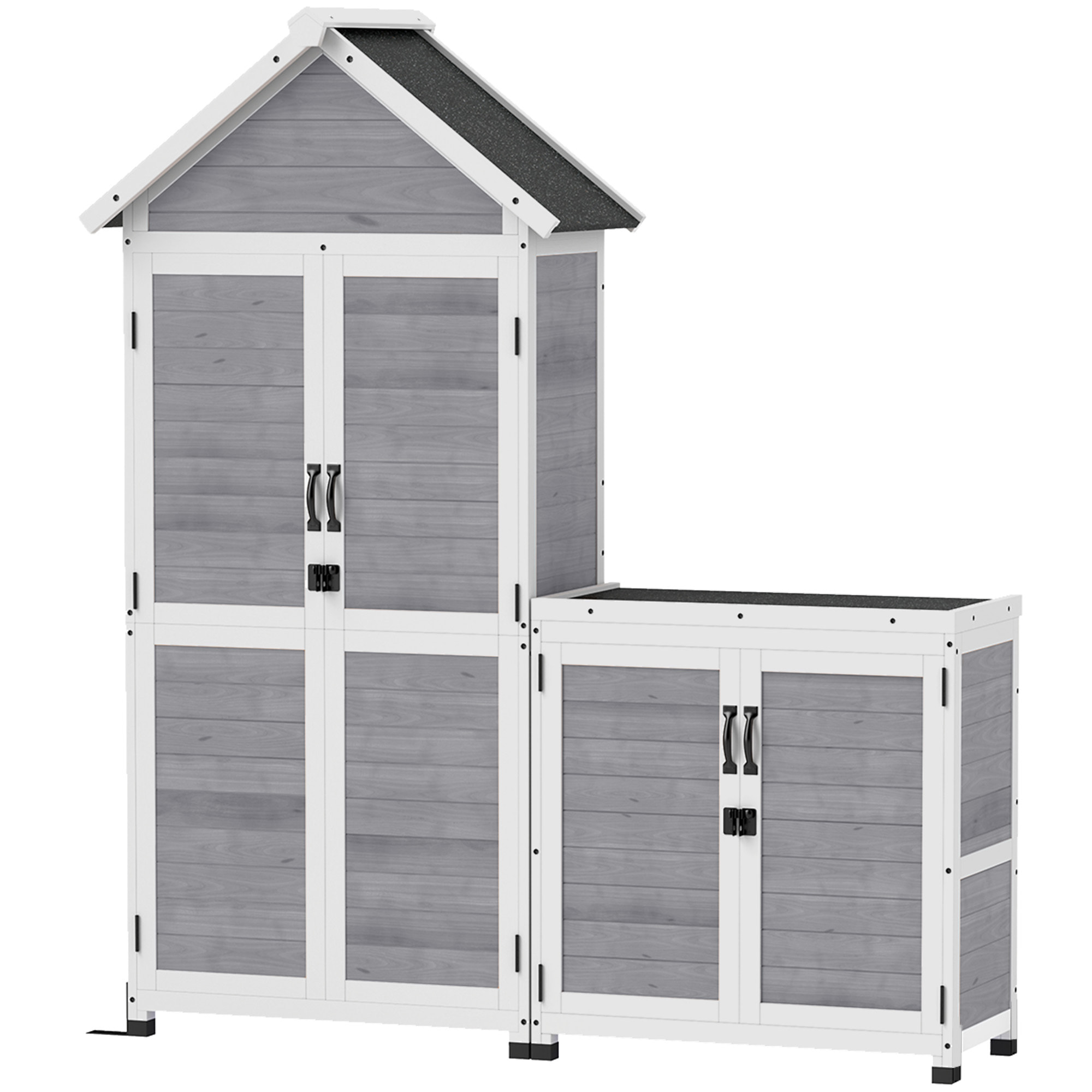 Ensemble armoire de jardin avec coffre extérieur assorti - 2 + 2 portes - 3 + 1 étagères - toit bitumé noir bois gris blanc