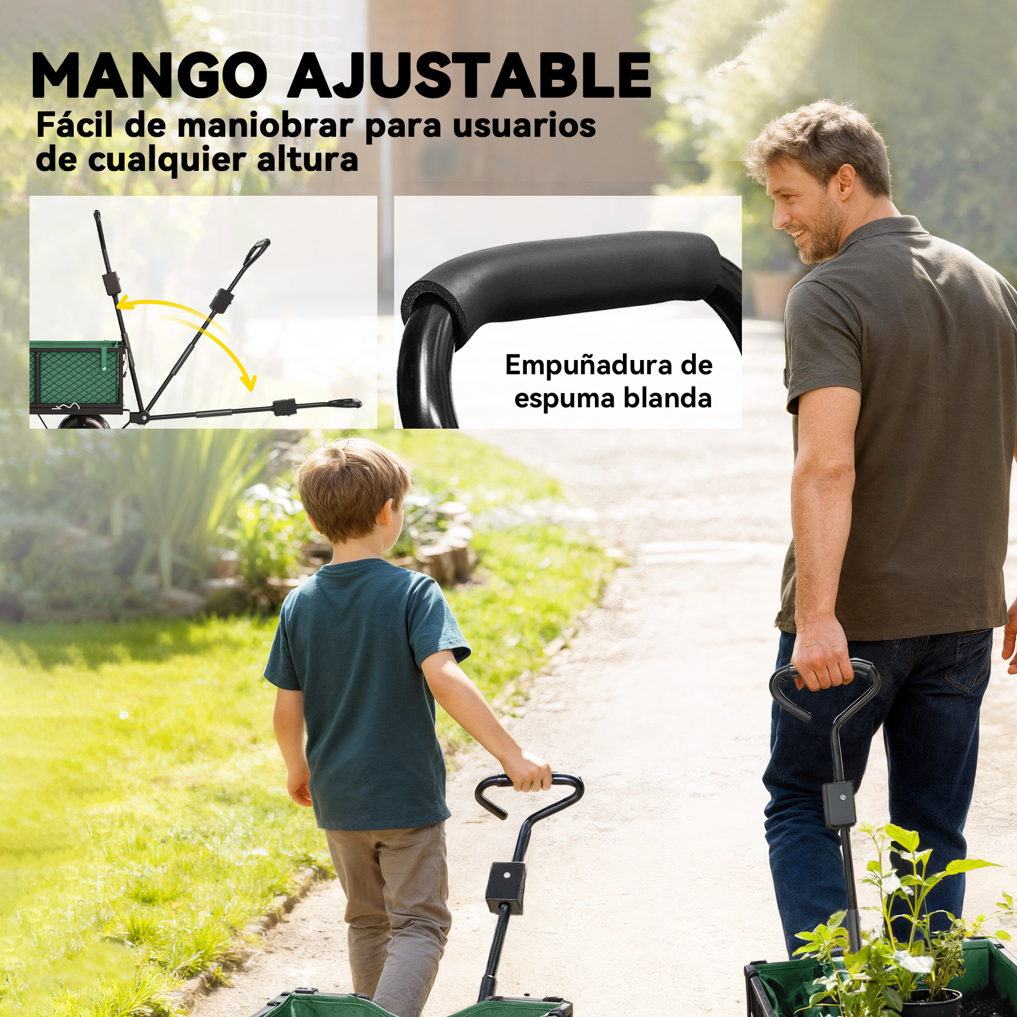 Carrito de Jardín con Ruedas Grandes, Carga 300 kg, Carro de Mano con Asa Ajustable y Bolsa Impermeable Removible, Carrito de Transporte para Todo Terreno, Compra, Camping, Verde