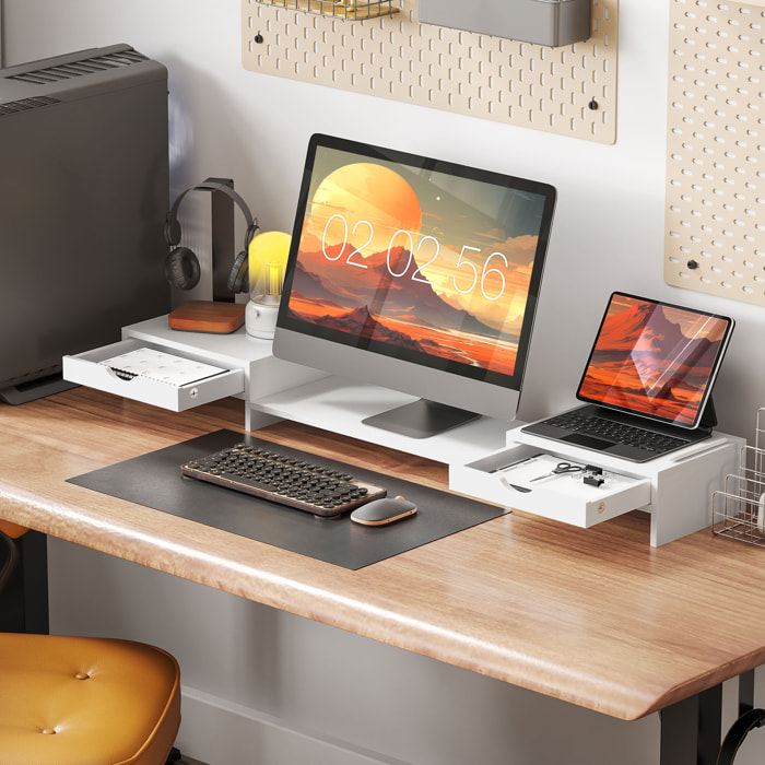 Elevador Monitor Ángulo y Longitud Ajustable Soporte para Monitor con 2 Cajones Soporte de Monitor Escritorio para Portátil Computadora PC 60-116x22x12 cm Blanco