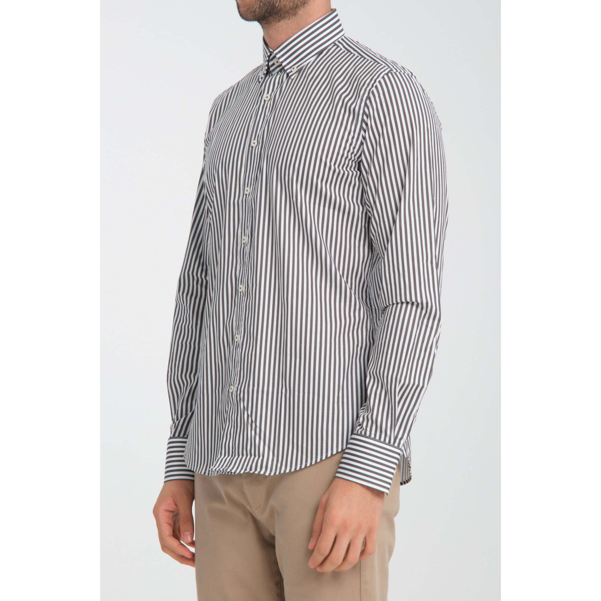 camicia uomo 1 bottone button down slim Popeline Stretch Riga Media Bianco e Grigio Scuro
