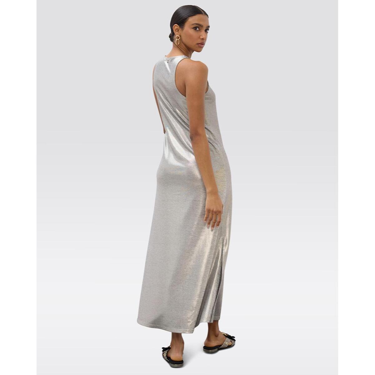 Abito lungo con spalline, tessuto laminato