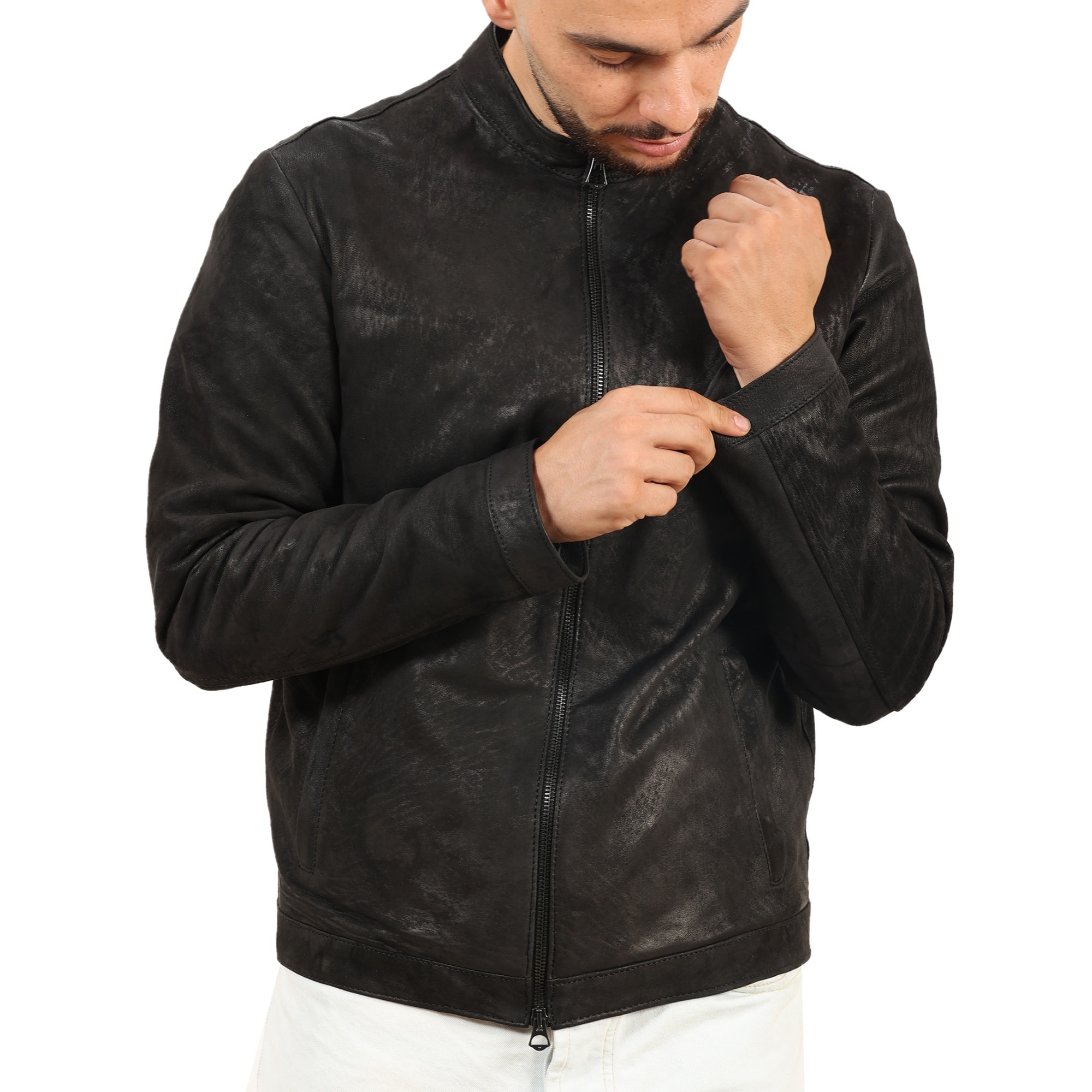 Giubbino in pelle di vitello rifinizione dakota Nero-Slim Fit