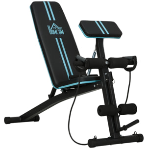 Banco de Musculación Plegable, Banco de Pesas, Respaldo Inclinable de 7 Niveles, Extensión de Pierna, Cojín de Predicador, Banda de Resistencia, para Entrenamiento Completo, Casa Gimnasio, Azul
