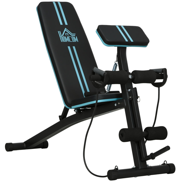 Banco de Musculación Plegable, Banco de Pesas, Respaldo Inclinable de 7 Niveles, Extensión de Pierna, Cojín de Predicador, Banda de Resistencia, para Entrenamiento Completo, Casa Gimnasio, Azul