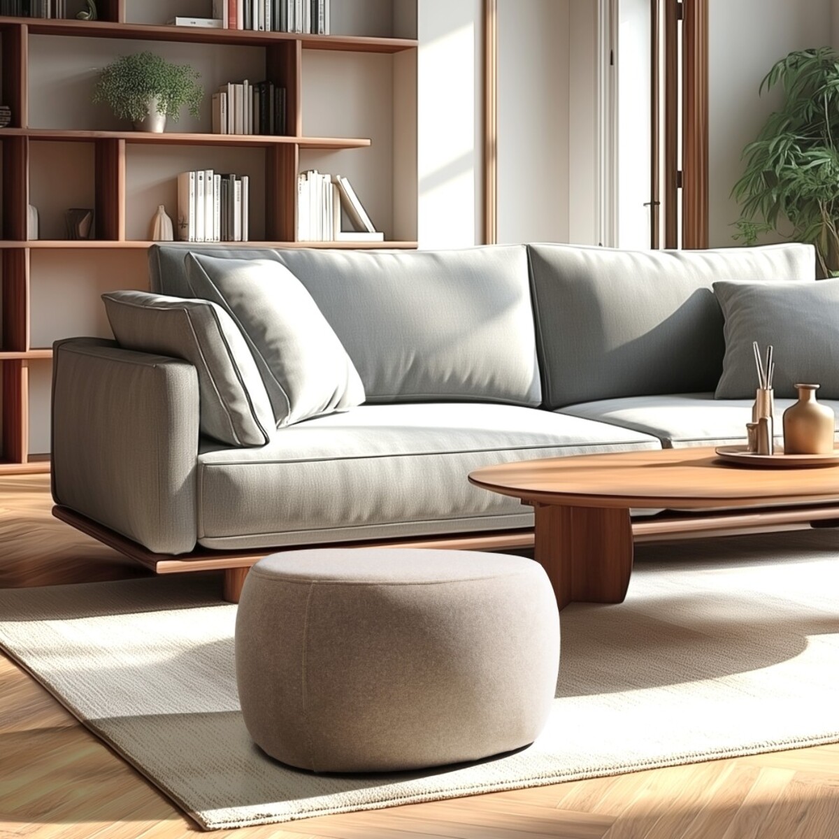 LEOPOLD - Pouf forme galet n°3 en tissu effet velours beige foncé