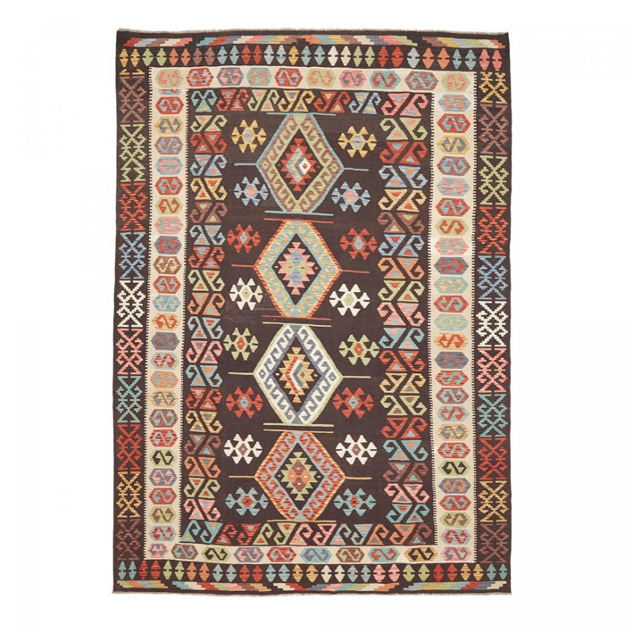 Tapis kilim au motif ethnique, tissé plat en laine, UMENO