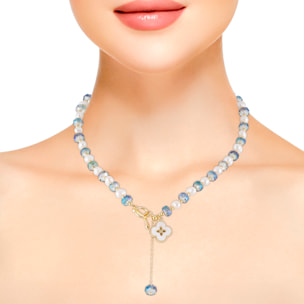 Set de pulsera y collar a juego con colgante de trébol de cuatro hojas, cuentas de cristal azul y perlas naturales.