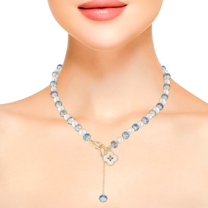 Set de pulsera y collar a juego con colgante de trébol de cuatro hojas, cuentas de cristal azul y perlas naturales.
