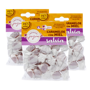 Pack de 3 paquetes de Caramelos de miel con salvia, 100gr. Con miel cruda y hechos con ingredientes 100% naturales.