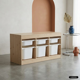 Meuble de rangement pour enfant décor bois 6 bacs de rangement SORA