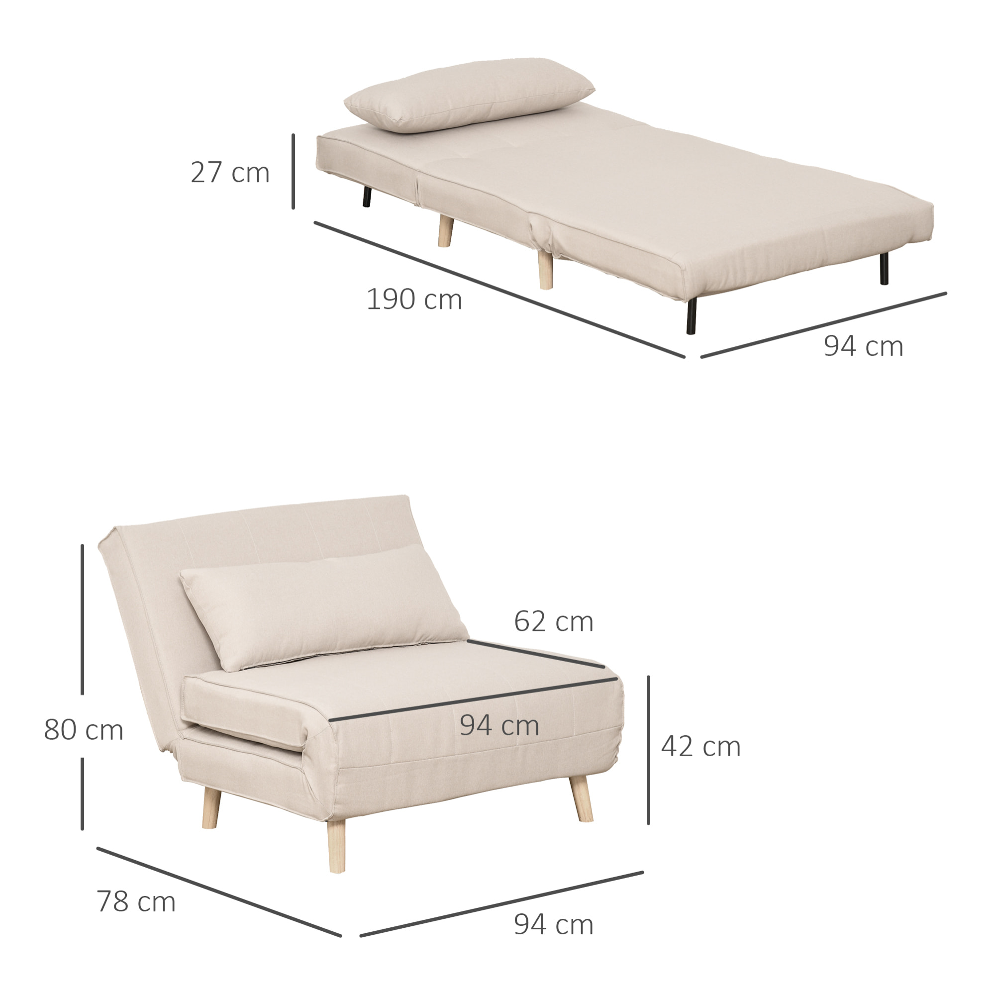 Sofá Cama Individual con Almohada Acolchado y Respaldo Ajustable en 3 Posiciones