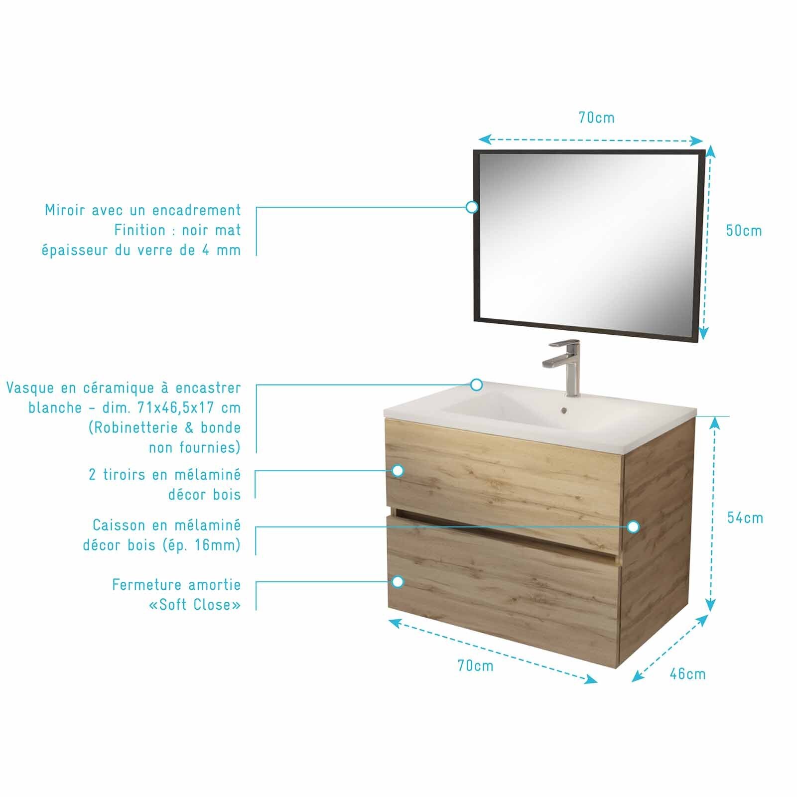 Meuble de salle de bains 70cm TIMBER Décor Chêne Naturel 2 Tiroirs Vasque Blanche et Miroir 70x50